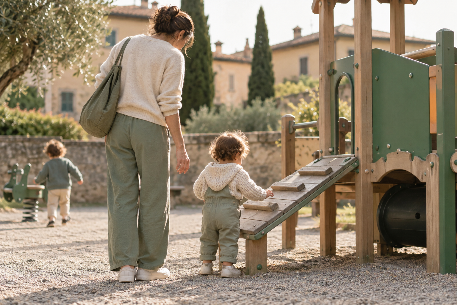 Genitore vicino a un bambino piccolo che osserva una struttura di gioco