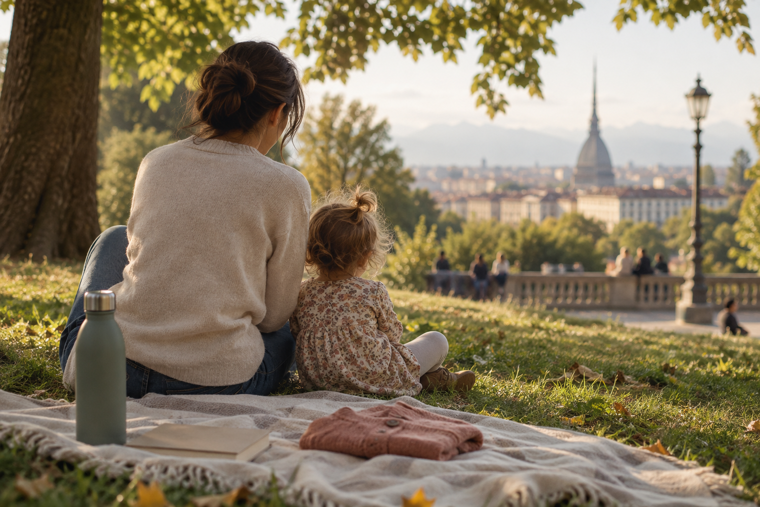 Telo, borraccia e libro per una pausa sul prato con un bambino