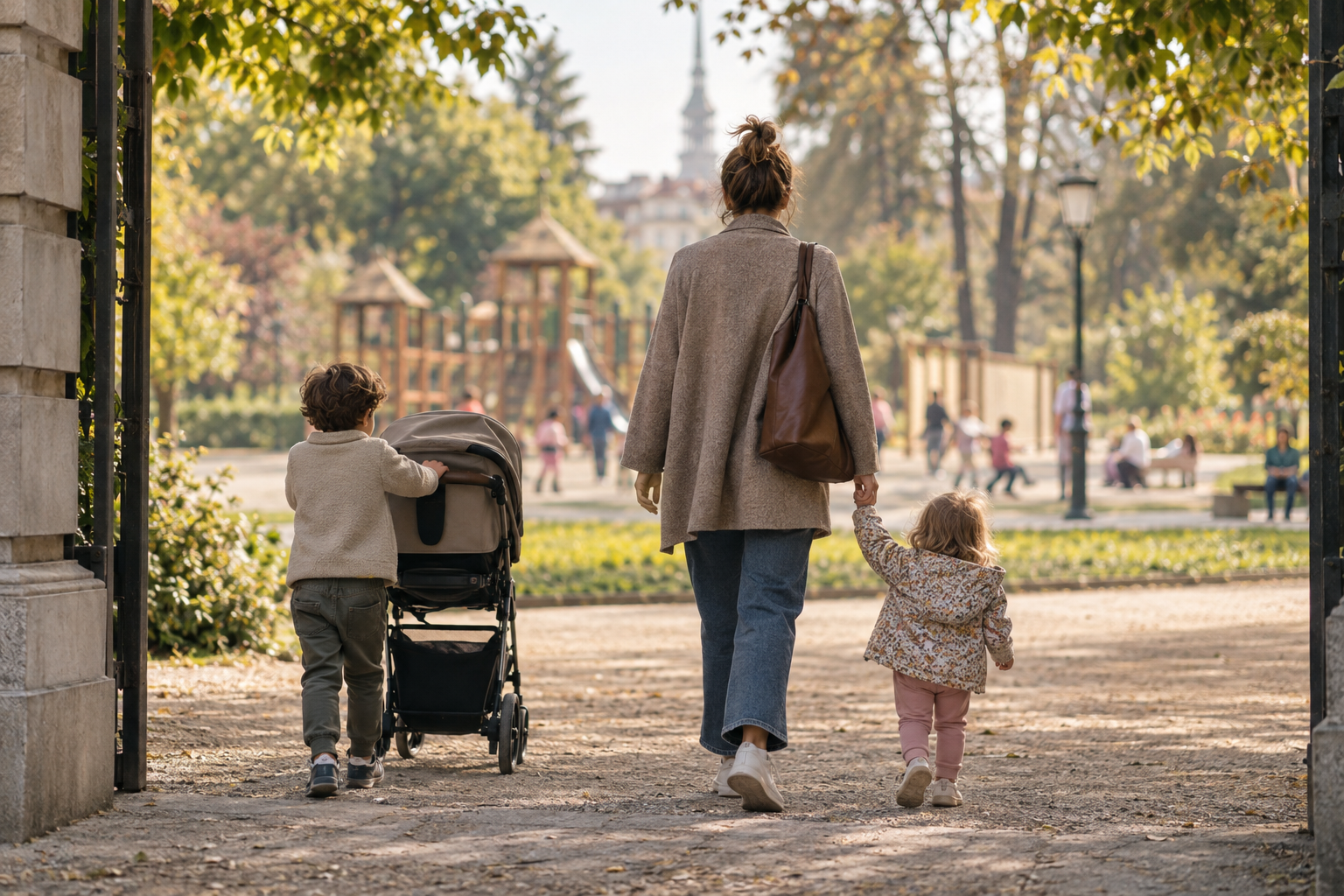 Famiglia con due bambini all’arrivo lungo il percorso di un parco urbano